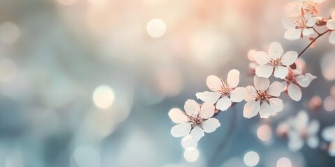 Cherry blossoms display their soft white petals against a dreamy pastel backdrop, evoking a tranquil spring atmosphere filled with light