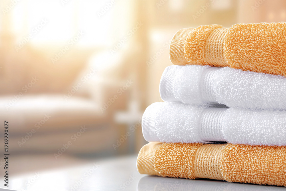 Poster close up of white and golden towels stacked on table, creating cozy atmosphere. soft texture and war