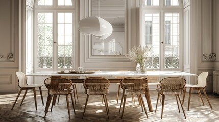 A well-lit dining room with large windows allowing natural light to ente