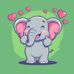 Naklejka premium Happy baby elephant giving thumbs up, surrounded by hearts, green background; kids' book illustration