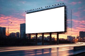 Blank template for outdoor advertising or blank billboard on the highway during the twilight. With clipping path on screen - can be used for trade shows, and advertising or promotional poster.