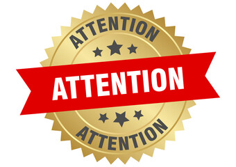 attention. attention round red and gold label isolated on transparent background