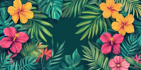 Colorful hibiscus flowers in pink and yellow surrounded by rich green leaves provide an energetic and tropical vibe suitable for summer celebrations