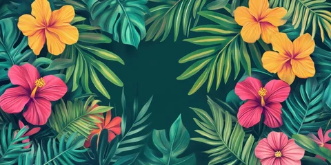 Selbstklebende Fototapeten Colorful hibiscus flowers in pink and yellow surrounded by rich green leaves provide an energetic and tropical vibe suitable for summer celebrations © Olexandr Tytarchuk