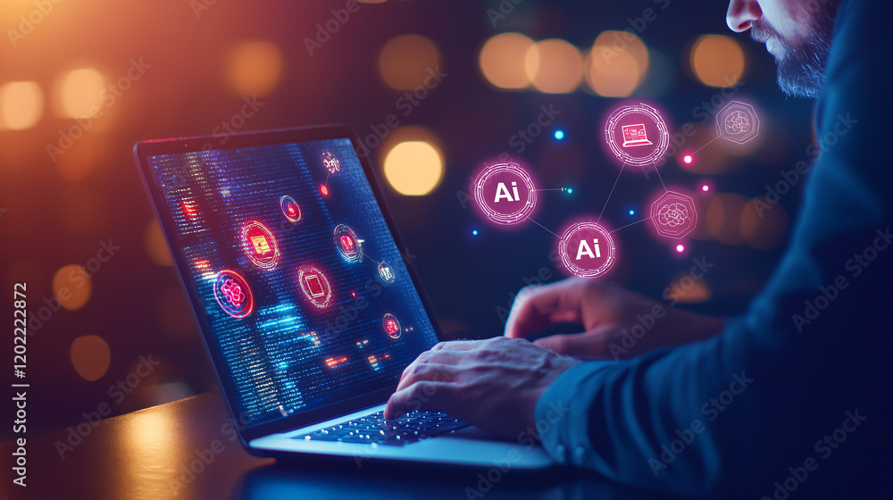 Poster businessman using laptop at night, exploring digital technology concepts with ai icons and data visu