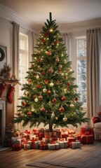 A spruce Christmas tree in a room filled with festive decorations, colorful ornaments, festive atmosphere, cozy home