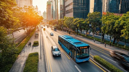 Obraz premium A clean-energy transport system with electric buses traveling through a vibrant urban area,