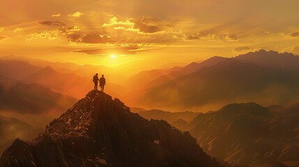 Two hikers with backpacks on a rocky mountain peak, one helping the other up