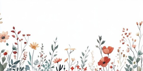 A vibrant array of wildflowers in various colors creates a beautiful border effect against a clean white background, perfect for creative purposes