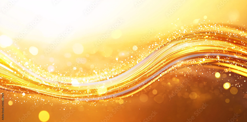 Poster golden light waves flow gracefully, creating vibrant and dynamic atmosphere filled with sparkling pa