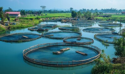 Fototapeta premium Aquaculture Farm Circular Fish Ponds in Rural Setting