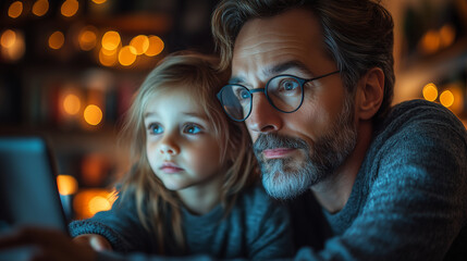 Child at a laptop with a parent pointing at the screen, emphasizing cybersecurity education. Bright lighting, contrast