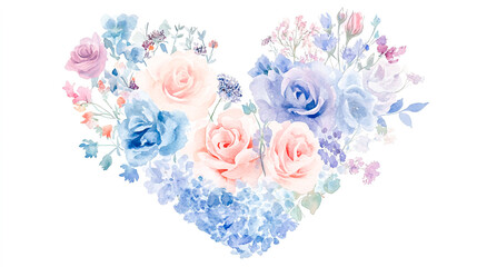 Hand-painted watercolor illustration of a heart-shaped bouquet featuring roses and wildflowers, conveying an emotional and delicate mood. The high-quality artwork showcases soft blues,  
