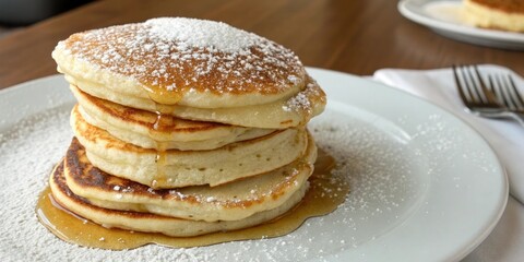 A stack of fluffy pancakes sits atop a pristine white plate topped with a generous helping of sugar and a sprinkle of golden sweetness, fresh pancake, morning option, white plate