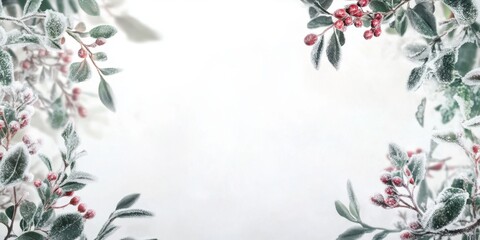 Naklejka premium Frosted leaves and vibrant red berries form a decorative border, evoking a wintery, festive atmosphere against a soft white backdrop