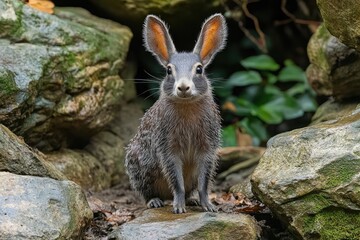 A Gray Volcano Rabbit Sits on Rocks