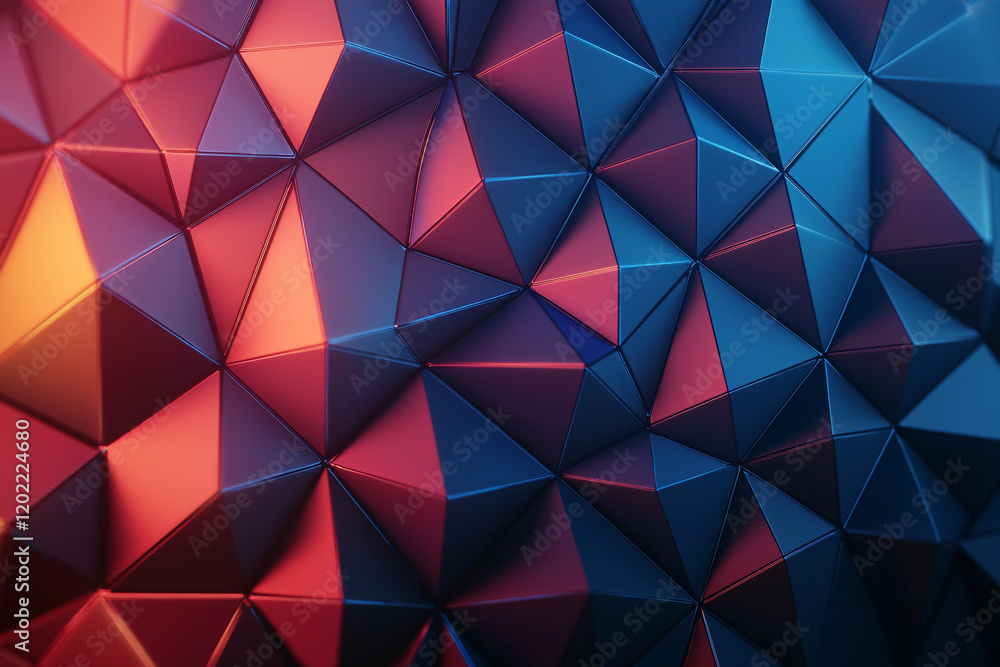 Poster abstract background with low poly triangles in red and blue hues, creating dynamic and vibrant visua