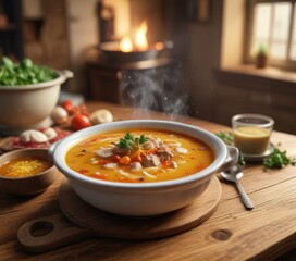A steaming bowl of soup sits on a wooden table, wholesome, wooden table
