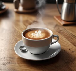Obraz premium A steaming cup of coffee on a wooden countertop with a small saucer, beverage, latte