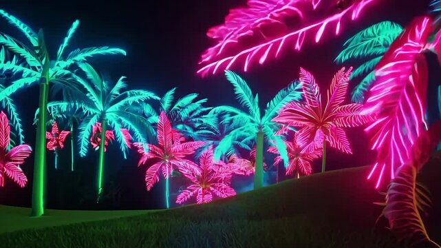 Pink neon flowers and turquoise palm trees create a vibrant, tropical nightscape.