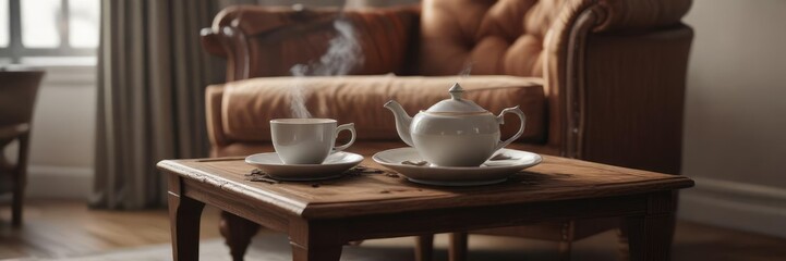 A steaming cup of tea on a low table beside an armchair, tranquil atmosphere, cozy nook