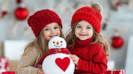 Children building a snowman during winter festivities in a cozy indoor setting filled with holiday decorations