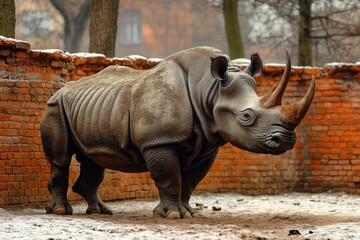 A large rhinoceros stands near a brick wall in winter