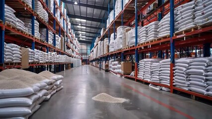 Video of a large warehouse filled with bags of grain. Great for agrarian sites, advertising of agricultural companies, educational materials on agriculture.
