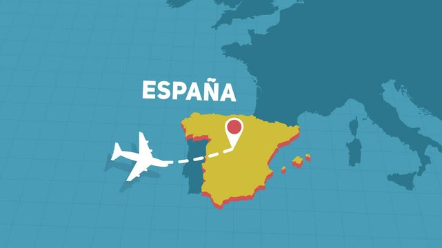airplane travel plane trip flight to Spain over map of Europe - motion graphics animation