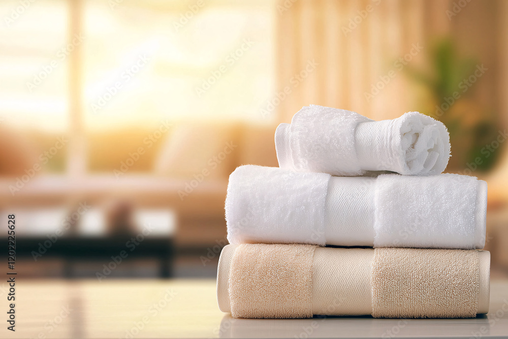 Poster soft white and beige towels stacked neatly on table, creating serene and inviting atmosphere. warm b