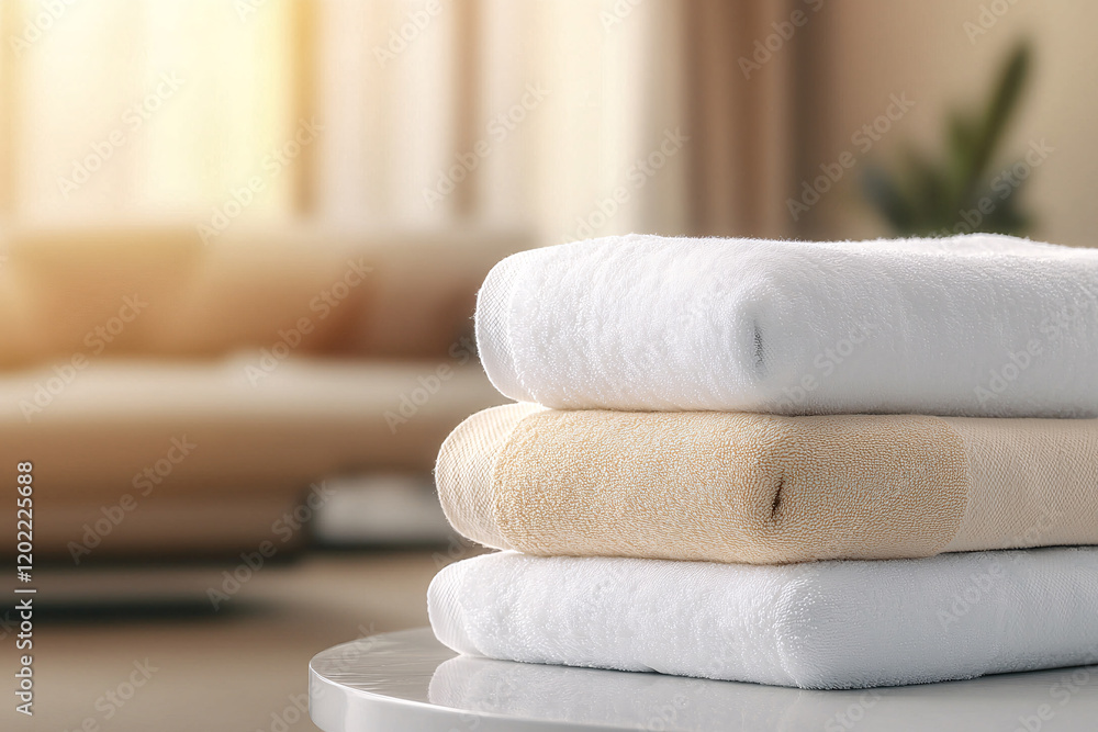 Poster soft white and beige towels stacked neatly on table, creating serene and inviting atmosphere in cozy