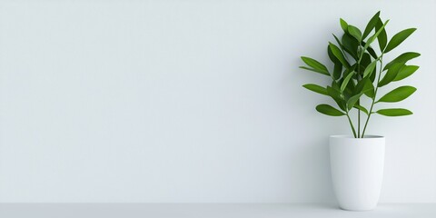 A green potted plant in a modern white pot against a clean, minimalistic wall.