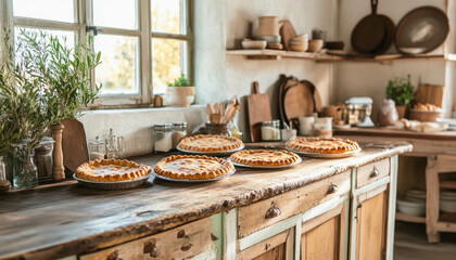 Freshly baked pies cooling on rustic kitchen countertop