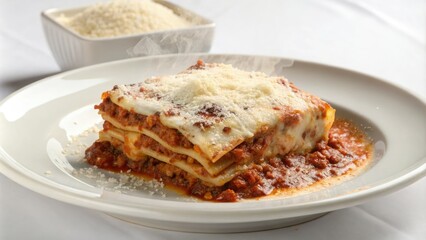 A steaming plate of lasagna with a generous helping of melted mozzarella cheese and a sprinkle of parmesan cheese served on a white ceramic plate, comforting food, lasagna, hot dish