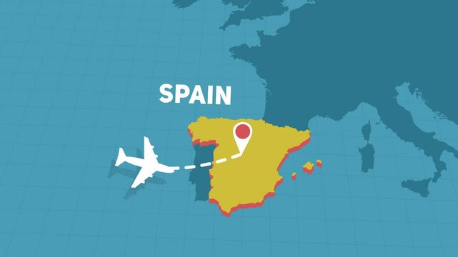 airplane trip flight to Madrid in Spain over map of Europe - motion graphics animation