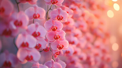 A radiant orchid wall display in an upscale hotel lobby, with soft ambient lighting highlighting each bloom, during a luxurious evening