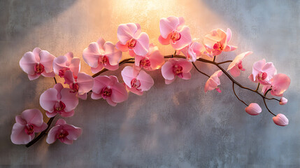 A radiant orchid wall display in an upscale hotel lobby, with soft ambient lighting highlighting each bloom, during a luxurious evening