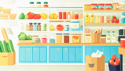 Modern pantry stocked with food supplies and groceries keeping food fresh