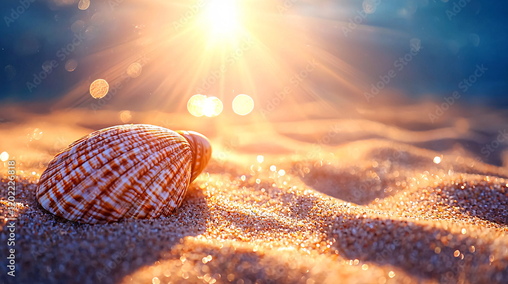 Poster beautiful seashell resting on sandy beach, illuminated by sunlight with sparkling bokeh effects in b