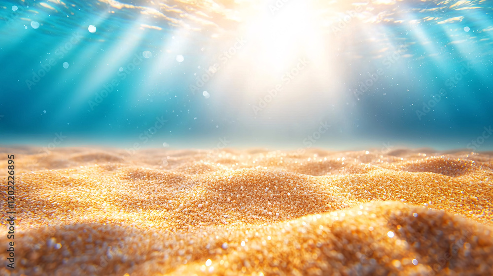 Poster underwater view of ocean floor with sunlight filtering through water, creating serene and tranquil a