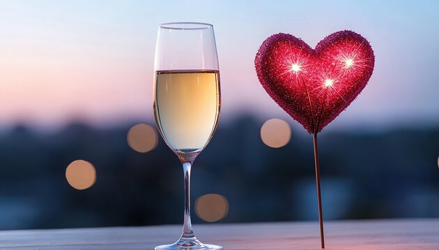 A romantic evening with a glass of champagne and a sparkling heart decoration.