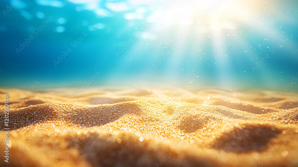 Poster underwater view of ocean floor with sunlight filtering through water, creating serene atmosphere. sa