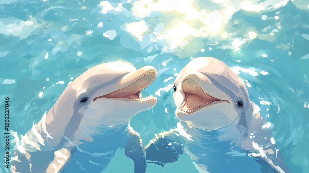 Poster two dolphins are smiling and playing in the clear turquoise water, illuminated by the warm sunlight,