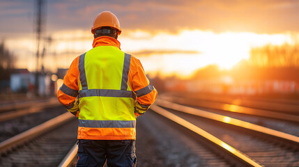 Vibrant photograph of engineer in high visibility gear standing on railway tracks during sunset, showcasing safety and dedication to work