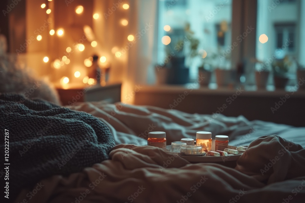 Aufkleber cozy bedroom atmosphere with a person resting and various medications on the bed in soft warm light.