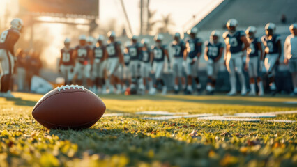 American Football auf einem Spielfeld mit Mannschaft im Hintergrund