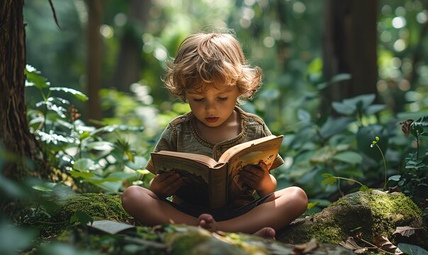 little boy reading a book in nature 
