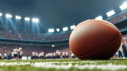 American Football auf einem Spielfeld mit Mannschaft im Hintergrund