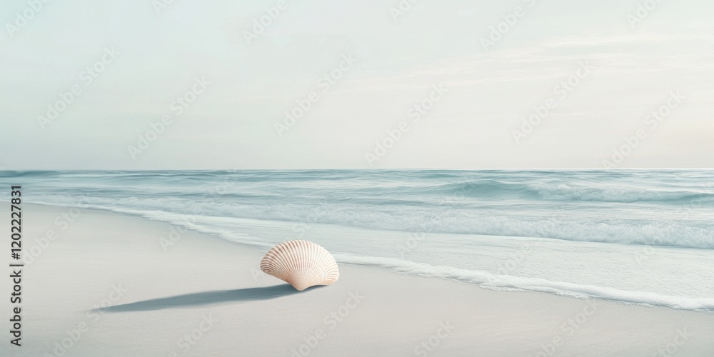 Poster a delicate seashell lies on the smooth sand, illuminated by soft sunlight, while gentle waves lap at