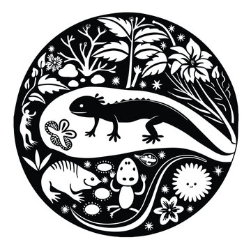 Axoloti  silhouette vector walking in the jungle and different types of animals are watching him and some animals are keep company  him 
